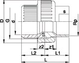 Adaptor union ABS metric stainless steel Rp
