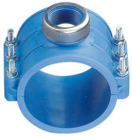 654 - Blue clamp saddles with stainless steel reinforcing ring, flat gasket and galvanized bolts and nuts (PN16-PN10)