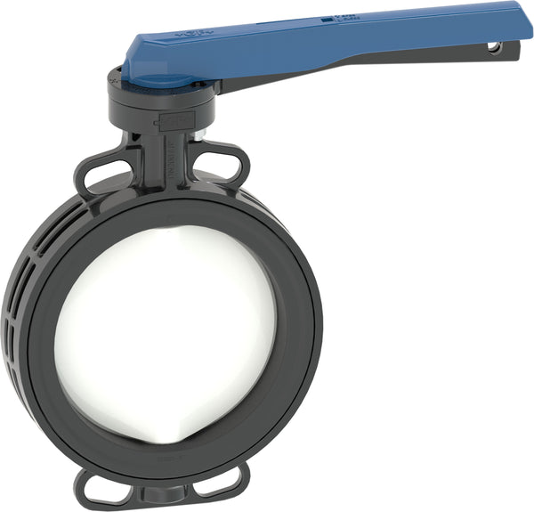 Wafer-style, intermediate installation butterfly valve type 565 PVDF/PA-GF With hand lever Flange standard metric/ANSI/BS/JIS Suitable for ABS, PVC-U, PVC-C, ecoFIT, COOL-FIT and PROGEF Systems